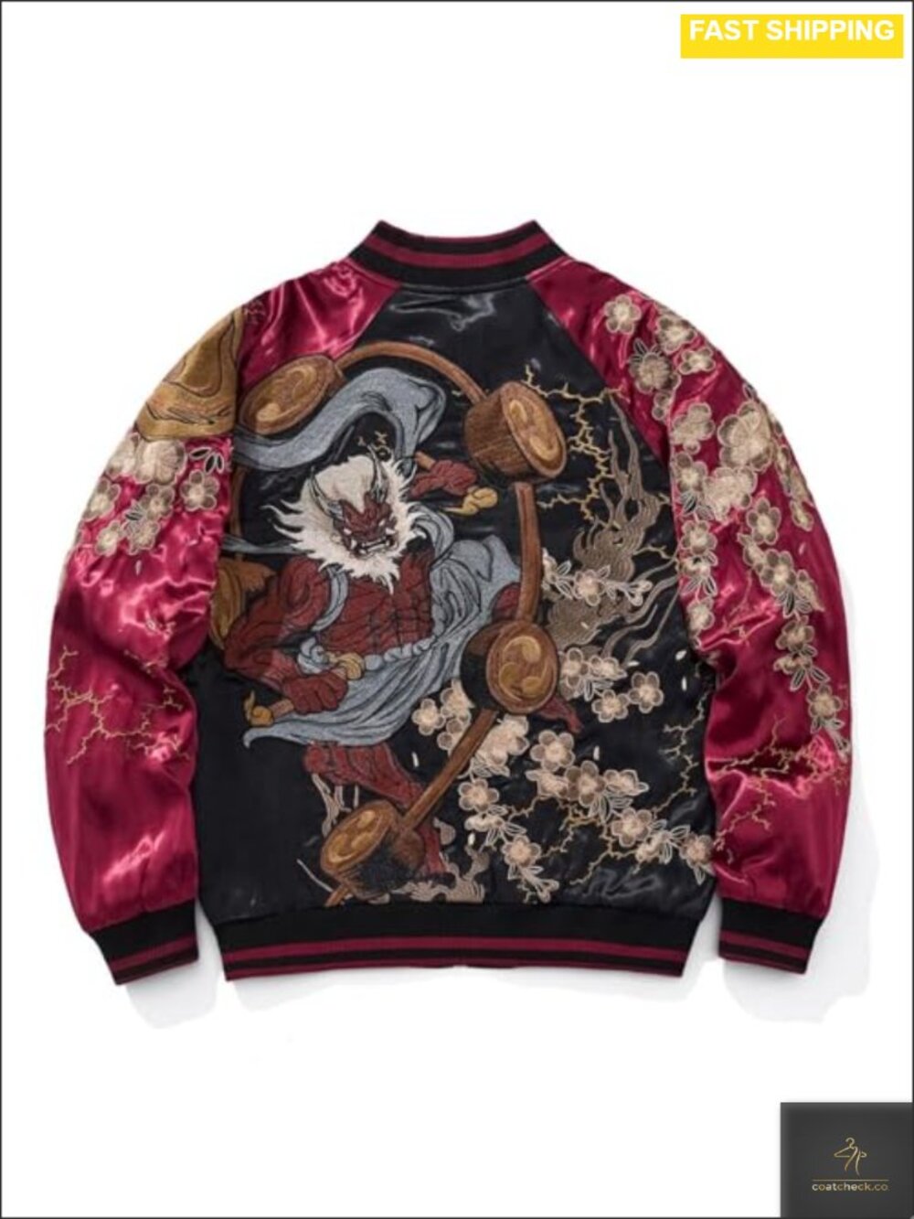 Sukajack Men's Bomber Jacket Satin Embroidered Fujin Raijin Varsity